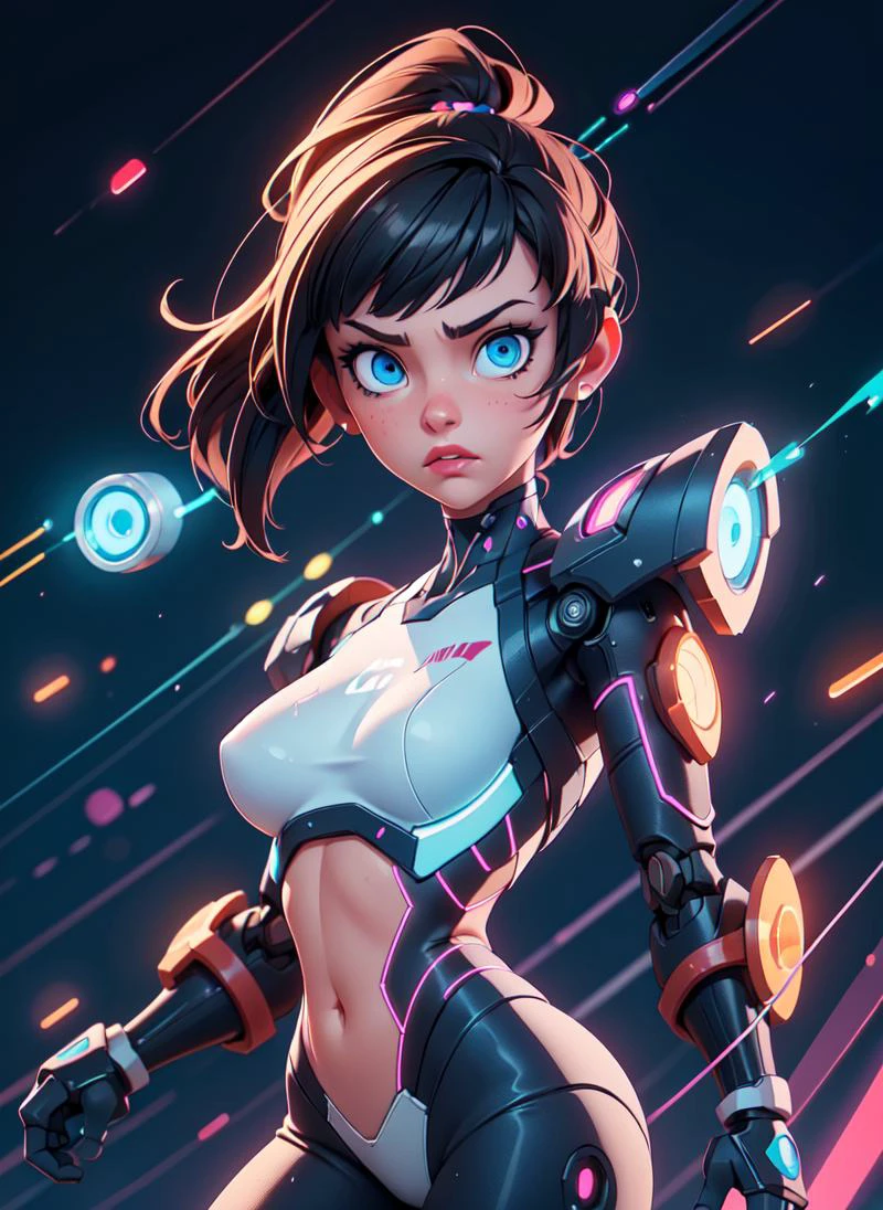 (masterpiece:1.4), (best qualit:1.4), (high resolution:1.4), cowboy shot,1 robot girl,short black hair,bright blue eyes,cyberpunk wire attached to her body, transparent neon in eyes, blue light neon in eyes, metal parts and wire attached to her body, multiple pc, dramatic shadows, dynamic angle, cinematic camera, dynamic pose, dramatic angle, depth of field, glow_ blue_ particle, water particles, chromatic aberration,