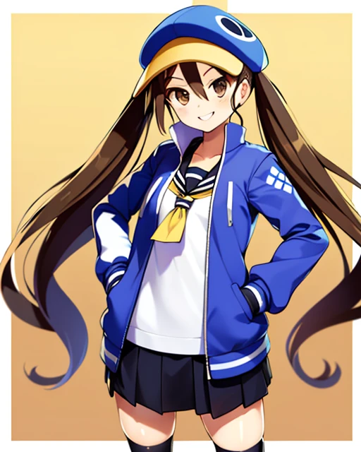 Fuka, brown hair with twintails, brown eyes, standing, smiling, upperbody, hands in jacket pockets,
FuBB,blue headwear ,school uniform ,open jacket,yellow front-tie top, blue thighhighs,
baseball field, morning,
(insanely detailed, beautiful detailed face, masterpiece, best quality) <lora:Fuka:0.8>