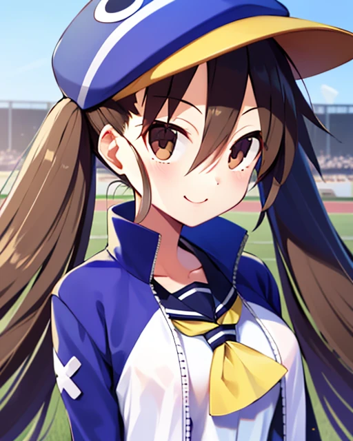 Fuka, brown hair with twintails, brown eyes, standing, smiling, upperbody, 
FuBB,blue headwear ,school uniform ,open jacket,yellow front-tie top, blue thighhighs,
baseball field, morning,
(insanely detailed, beautiful detailed face, masterpiece, best quality)    <lora:Fuka:0.8>
