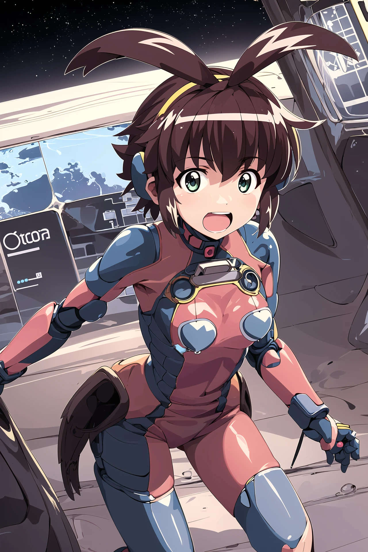 masterpiece, 1girl, uma, standing, brown hair, cowlick, battlesuit, space, futuristic, cybernetic, space station, high tech facility, highly detailed and intricate