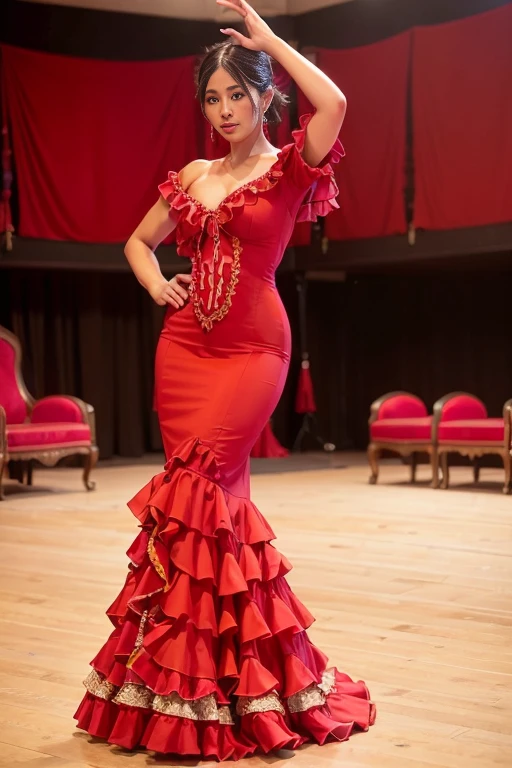 a woman is posing for a photo,(wearing flamenco_dance_dress:1.3), red dress,
good hand,4k, high-res, masterpiece, best quality, head:1.3,((Hasselblad photography)), finely detailed skin, sharp focus, (cinematic lighting), collarbone, night, soft lighting, dynamic angle, [:(detailed face:1.2):0.2],(((inside theater))),     <lora:flamenco_dance_dress-10:0.5>