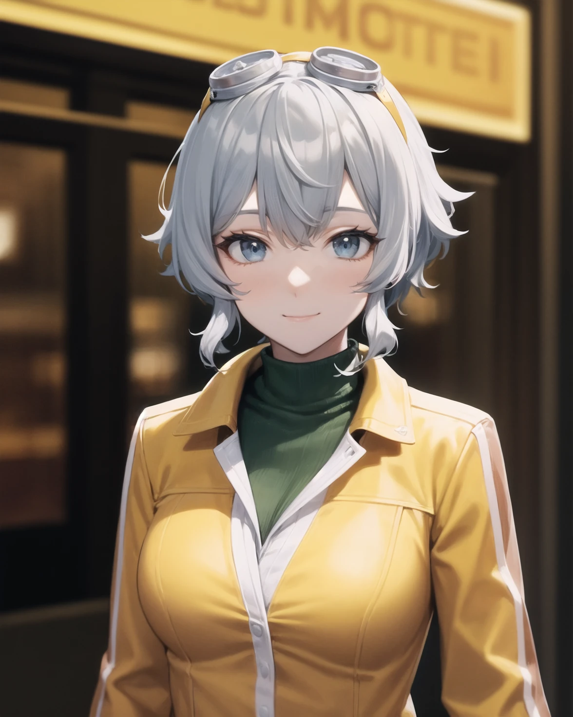 best quality, (masterpiece:1.2), illustration, absurdres,
(1girl, solo), (beautiful detailed girl),
<lora:Grace:0.9>, Grace Lynn, grey hair, short hair, blue eyes, medium breasts,
goggles, goggles_on_head, eyewear_on_head,
yellow coat, green sweater under coat, white_pantyhose, (brown_boots),
(upper body, portrait),,
city street, modern city, neon lights, night, (cyberpunk:0.8),,
smile, looking at viewer,