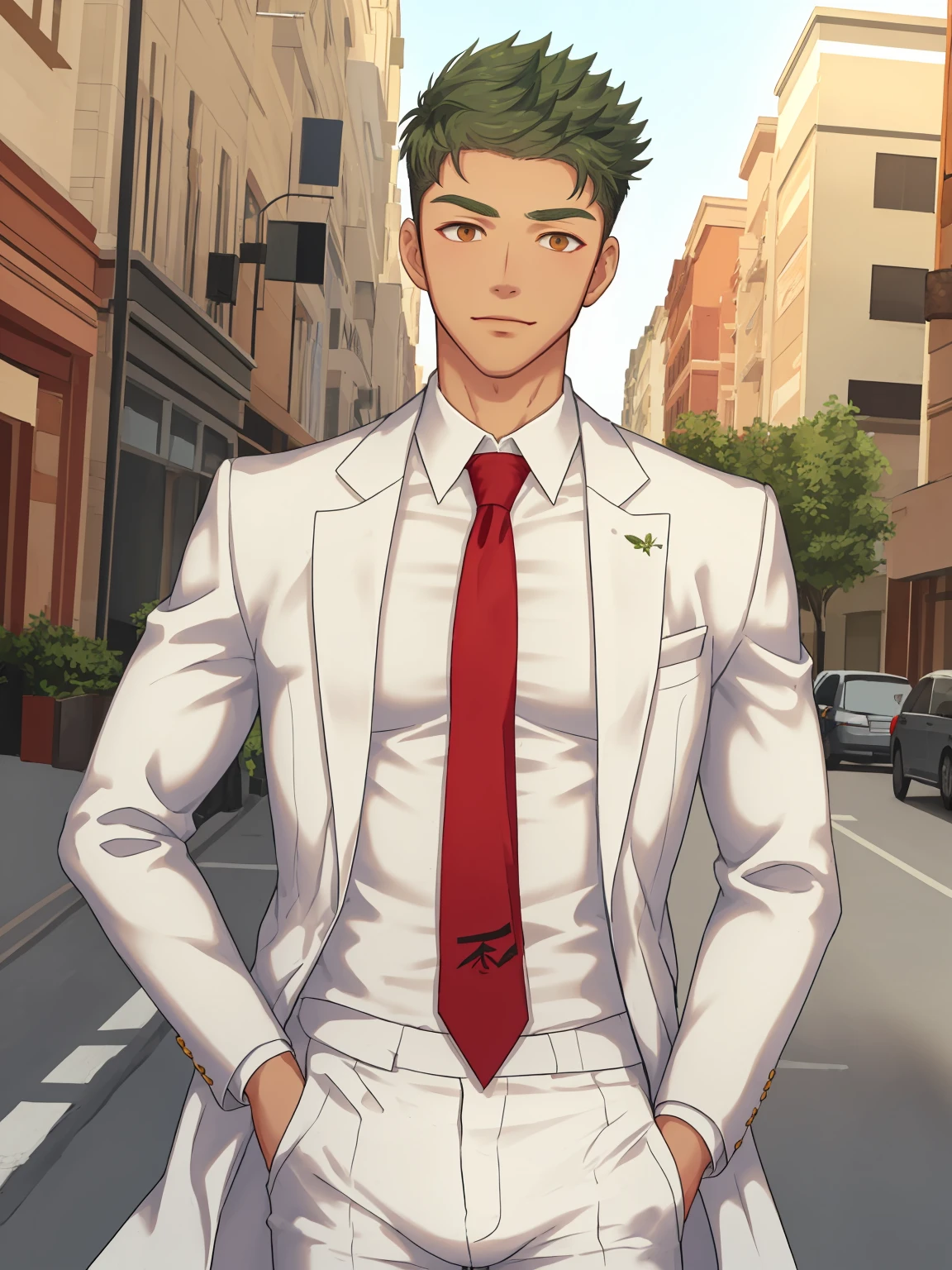 upper body,flower,red necktie,aiden,white pants,white suit,white shirt,1male,street,open cloth,masterpiece, best quality,  <lora:aiden-V2:0.8>