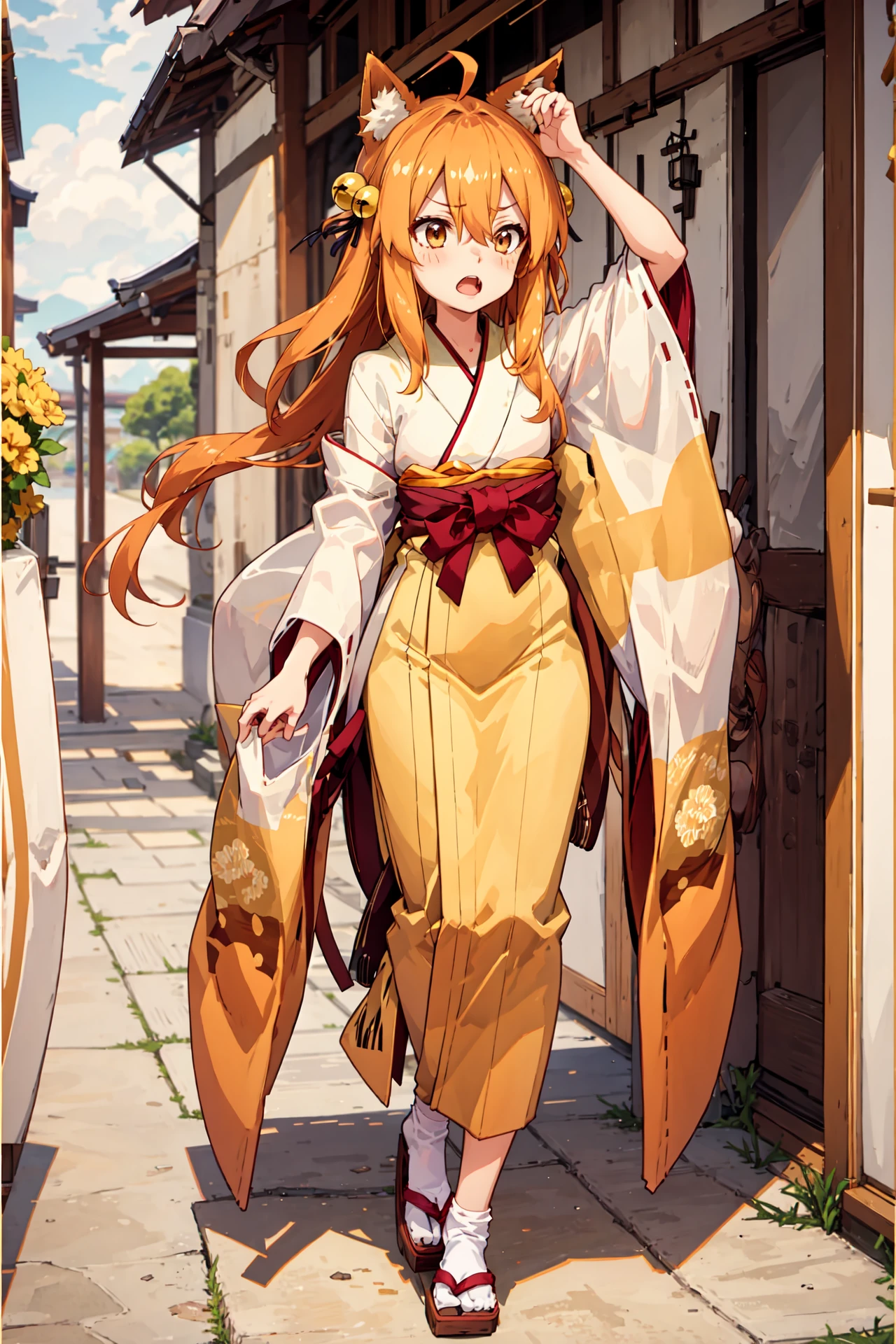 Masterpiece, best quality, perfect lighting, ((nice hands)), perfect hands, suzu, fox ears, fox tail, brown eyes, orange hair, yellow miko kimono, bell hair ornament, full body pov, medium hair, ahoge, hair between eyes, yawning, arms up, <lora:Suzu:0.6>,
