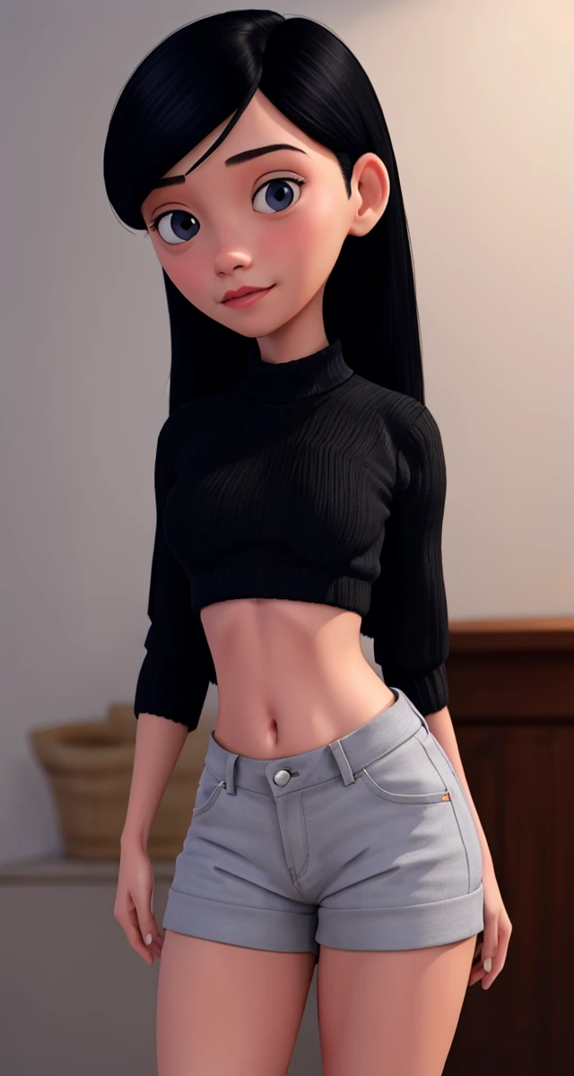 <lora:VRAMsViolet640:0.5>, xyzviolet, 1girl, closeup, masterpiece, beautiful, closeup, portrait, long hair, midriff, black hair, shorts, sweater, skinny