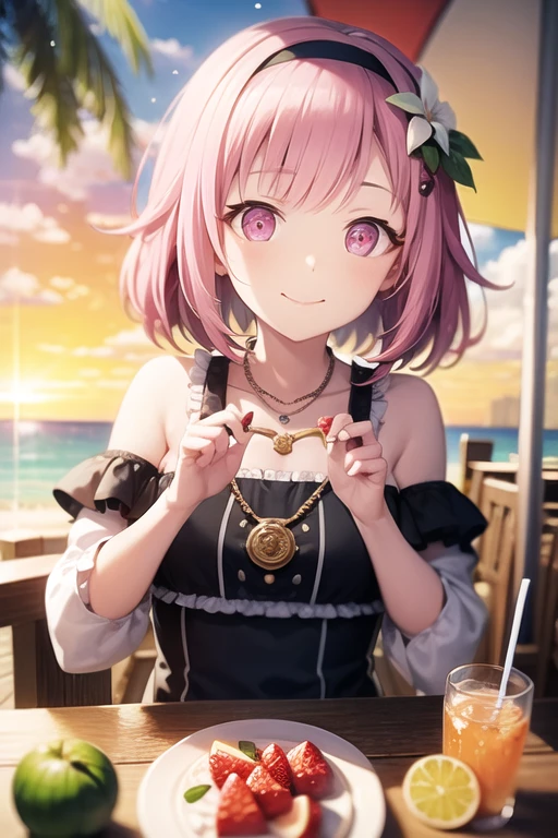 <lora:OtoriEmu-02:0.7> ,wdhemu, 1girl, solo, looking at viewer, smile, short hair, hair ornament, long sleeves, holding, bare shoulders, jewelry, sitting, closed mouth, upper body, pink hair, flower, hairband, outdoors, frills, detached sleeves, food, sky, cloud, hair flower, medium hair, pink eyes, necklace, blurry, tree, cup, fingernails, sparkle, fruit, umbrella, chair, beach, floral print, table, sunlight, cloudy sky, white flower, frilled sleeves, holding cup, light particles, lens flare, backlighting, sunset, drinking straw, glint, strawberry, drink, palm tree, dot nose, food-themed hair ornament, hibiscus, diffraction spikes, orange slice, coconut