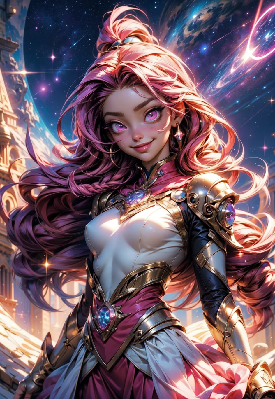 masterpiece, best quality, ultra detailed, lens flare, dynamic angle, magical girl, solo, pink braids, pink eyes, smile, medium breasts, pink costume, holding a magic wand, sparkling magic, magic circle, vast starry sky, urban landscape,
