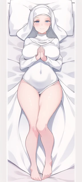 masterpiece, best quality, official art, professional artwork, highres, lens flare, (vibrant_color:1.2), CG, (ultra detailed), 8k, 4k, perfect face, perfect eyes, <lora:Eloise_sussex-10:0.8>, girl, solo, blue eyes, closed mouth, breasts, looking at viewer, large breasts, long sleeves, white dress, smile, covered nipples, frown, nun, habit, frontal view, detailed hips, blush, thick thighs, barefoot, feet, toes, full body, lying on bed, pillow, (own hands clasped:1.2), seductive, legs together, lifted clothes, lifted skirt, dakimakura
