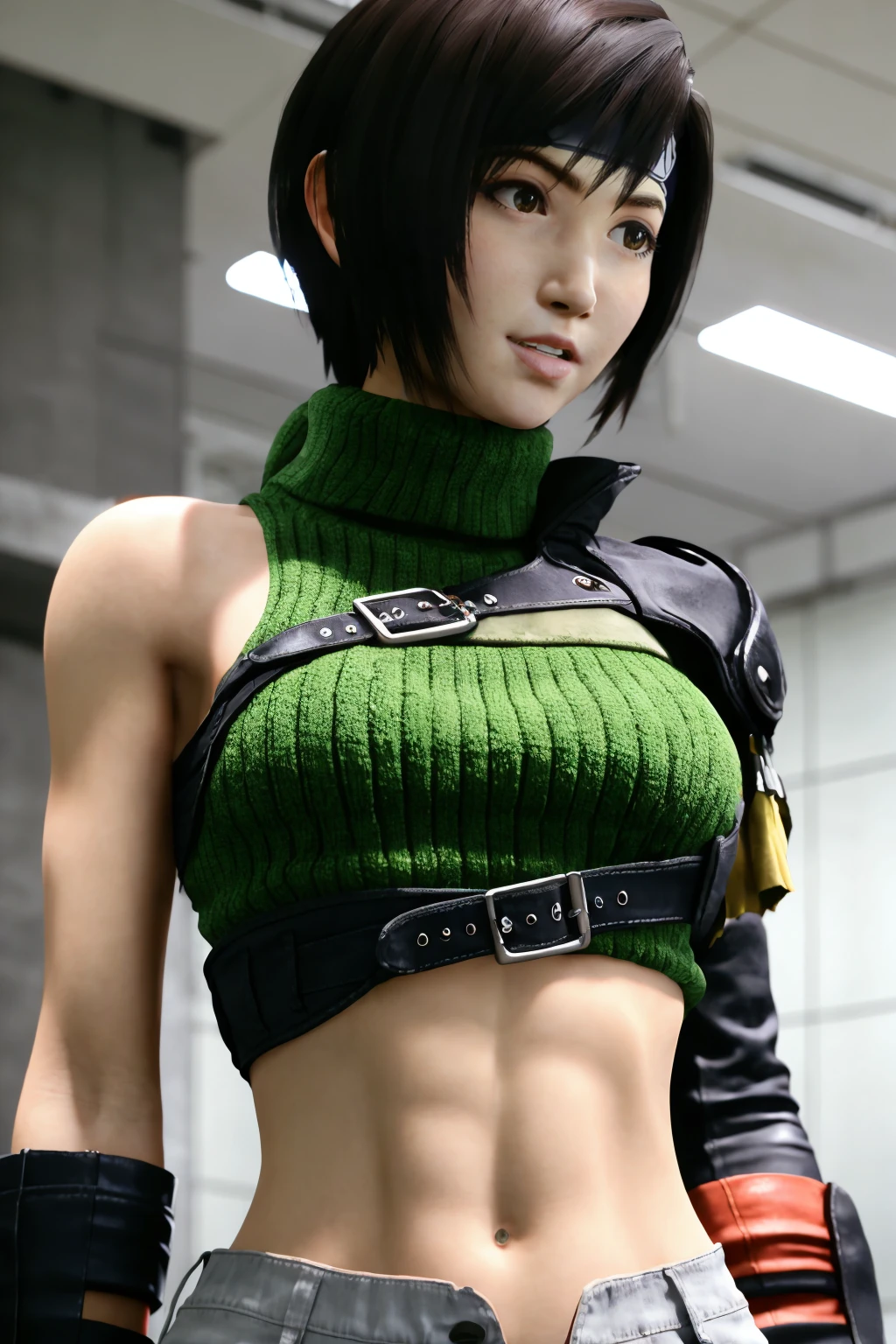 masterpiece, Highest quality, Yuffie Fool, head band, Green crop top, Shoulder Armor, Arm guard, Fingerless gloves, Extremely small high-leg hot pants, Single knee socks, Fishnet tights, Upper Body, View your viewers, ((Nipples are visible:1.5))、Well defined nipples、Crotch bite、Pubic hair is visible,Very big eyes,Bare chest、Bare breasts、Puffy nipples、Realistic nipples