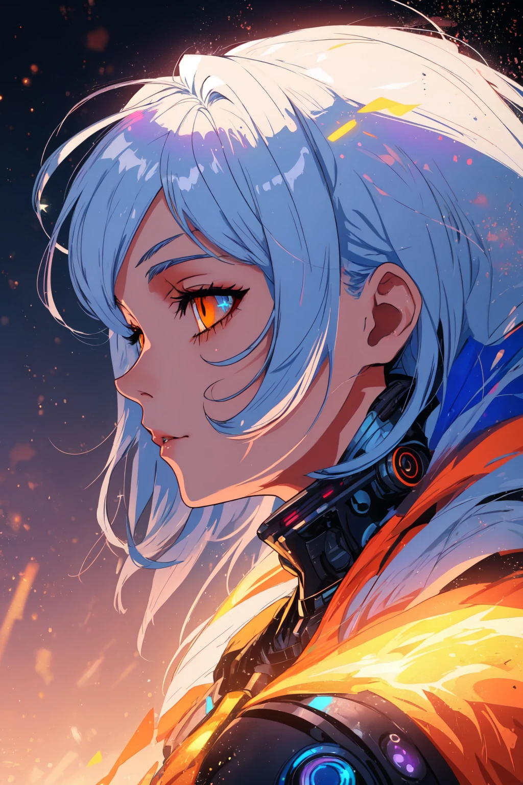 white hair, blue hair, orange hair, gradient hair, orange eyes, from side, profile picture, cyberpunk background, robotic, hair flowing over, volumetric lighting, light particles, sparkling eyes, dystopian, colorful