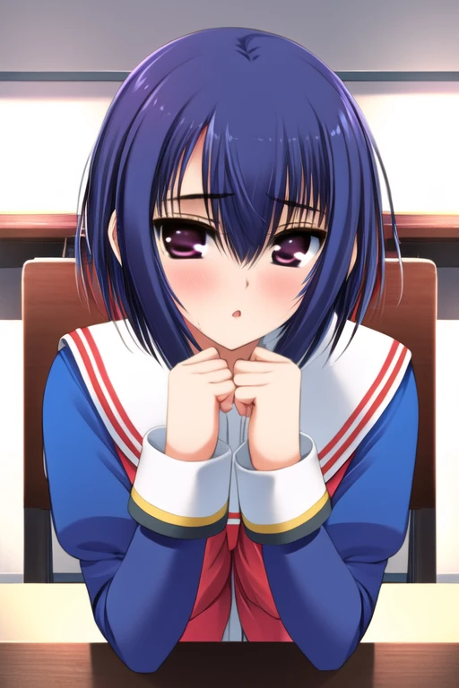((masterpiece, high quality, best quality)),
1girl, blue hair, portrait, looking at viewer, close-up, short hair, yellow eyes, parted lips, ribbon, hair ribbon, school uniform, hair between eyes, bangs, blush, :o, 
<lora:norita-style_v1.0:1.0>