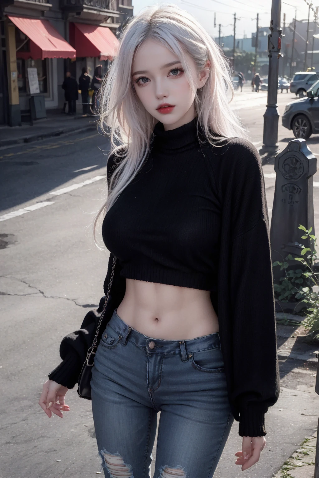 (RAW photo, best quality),(realistic, photo-realistic:1.3),masterpiece,extremely detailed,CG,unity,2k wallpaper,Amazing,finely detail,light smile,extremely detailed CG unity 8k wallpaper,huge filesize,ultra-detailed,highres,absurdres,soft light,
1 girl,(black sweater:1.2),solo,(18yo),cute,round eyes,pink blush,Long hair,(hairband:0.9),skinny jeans,(ripped jeans:1.2),black sneakers,standing,street corner,urban background,cloudy,cool colors,(leading lines composition:1.3),natural lighting,anime style.,
<lora:girl_20230619164815:0.8>,