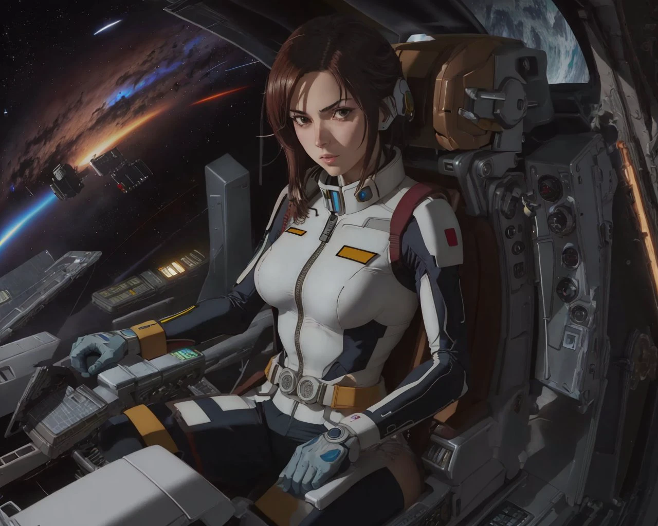 best quality,masterpiece,highly detailed,ultra-detailed,1gir ,gundam seed pilot , kira yamato, 
cyborg ,latex bodysuit, full-length zipper,    ( in Mscockpit,cockpit  :1.3)    <lora:mscockpit-000005:0.5> in space