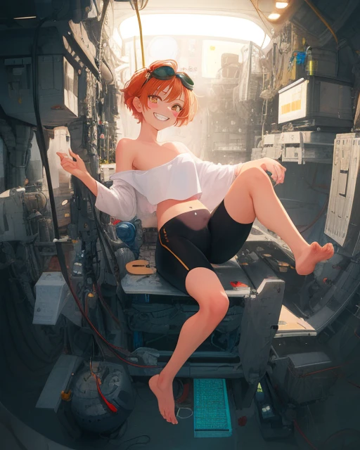 Edward, tan skin, tomboy, midriff, orange hair, (white loose shirt), off shoulder, spiked hair, barefoot, bike shorts, brown eyes, goggles on head, blush stickers, grin, balancing on one leg, full body,
space station, engine room,
(insanely detailed, beautiful detailed face, masterpiece, best quality) volumetric lighting, best quality, masterpiece, intricate details, tonemapping, sharp focus, hyper detailed <lora:Edward-06:0.8>