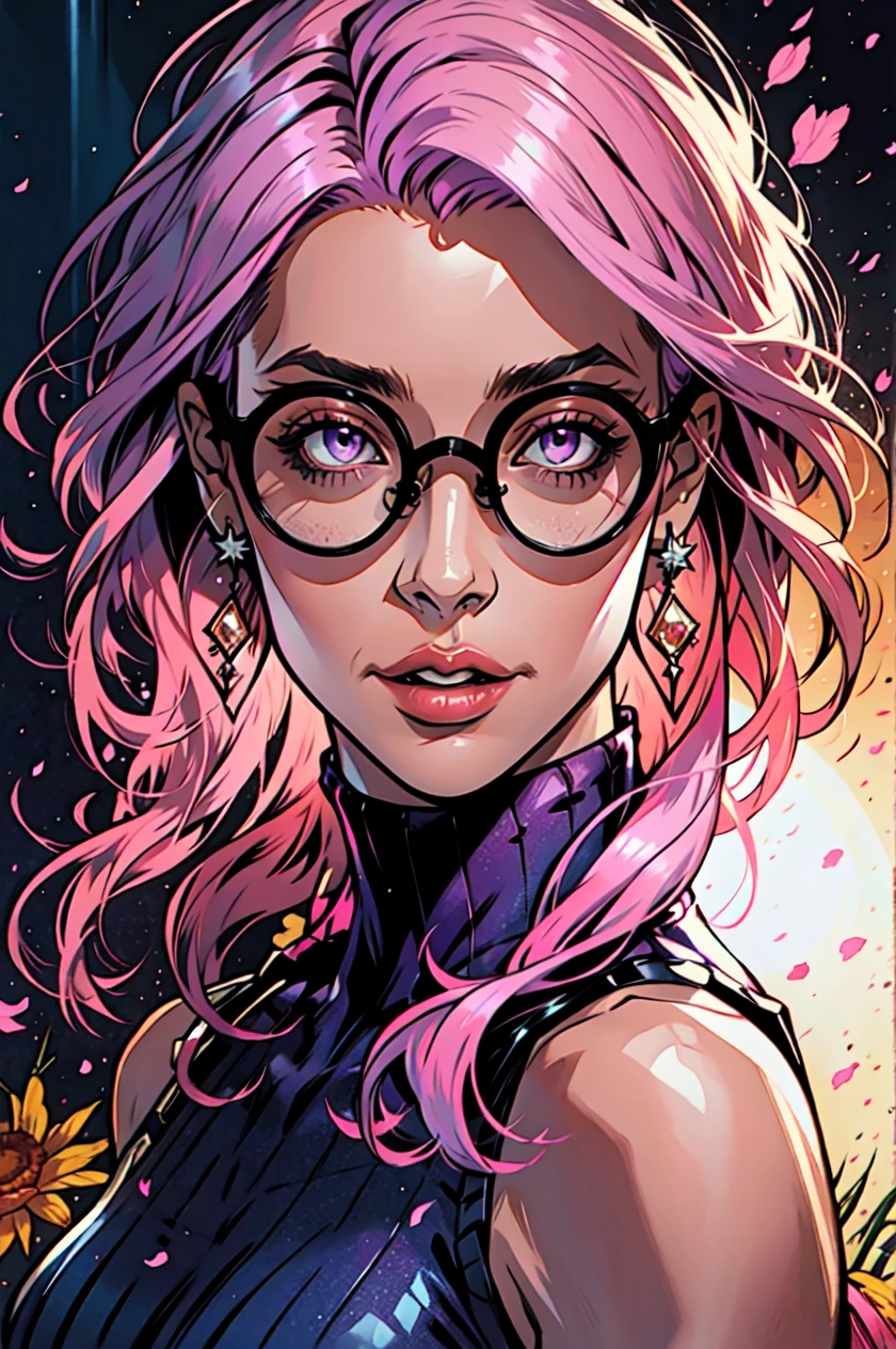 Comic Art Style,(masterpiece, best quality, ultra-detailed, highres, best illustration),perfect face, ((solo, solo focus)),sidelighting,, epic, illustration, render, volumetric lighting, welcoming, see-through gossamer, lustrous skin,(bloom), (shine), 1girl, solo, long hair, looking at viewer, bare shoulders, jewelry, purple eyes, upper body, pink hair, earrings, glasses, sleeveless, lips, turtleneck, round eyewear, specular highlights,<lora:Comic_V2:1>