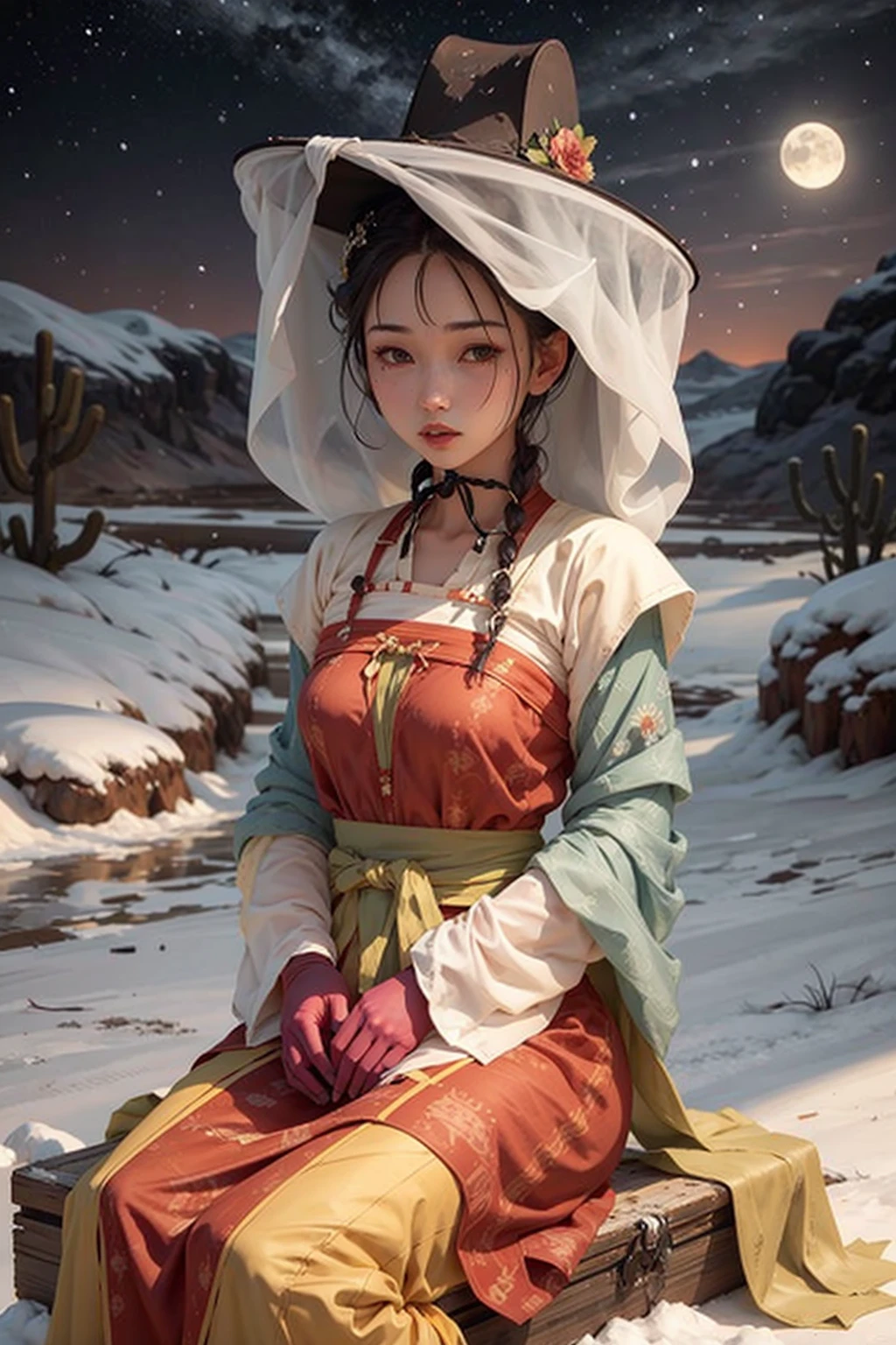 1girl, weimao hat, masterpiece, best quality, 8k <lora:veilhat_v2b:0.88>, snow, desert, big and beautiful breasts, sitting, braid, moon