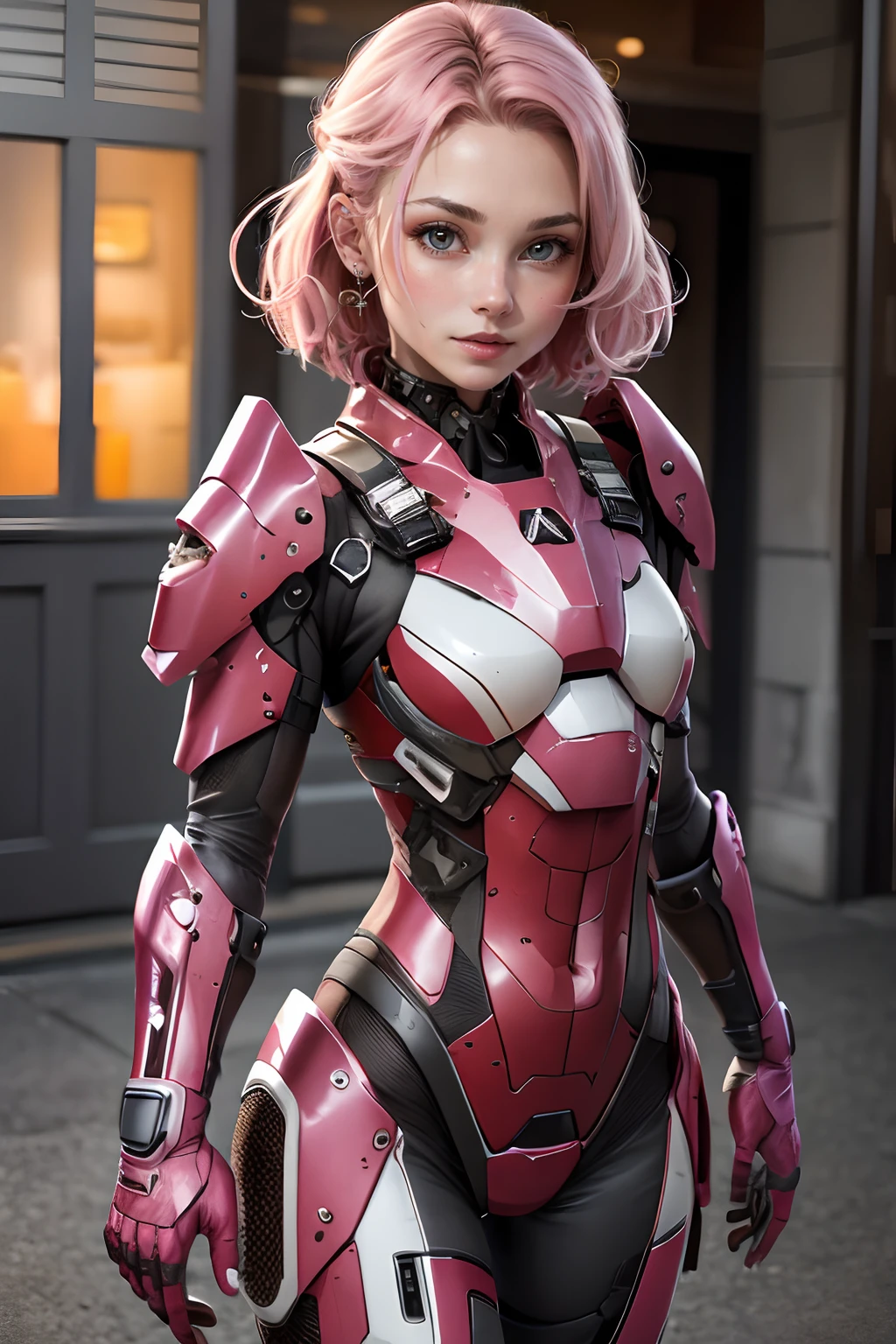 (best quality, masterpiece), 1girl, medium hair, looking at viewer, <lora:mechaarmor_v0.7:0.7>, pink mechaarmor