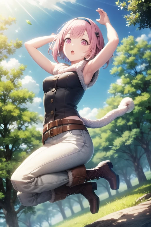 <lora:OtoriEmu-02:0.7> ,wdhemu, 1girl, solo, short hair, open mouth, full body, pink hair, hairband, boots, outdoors, sleeveless, day, belt, pants, pink eyes, armpits, :o, tree, fur trim, leaf, sunlight, nature, lens flare, forest, jumping