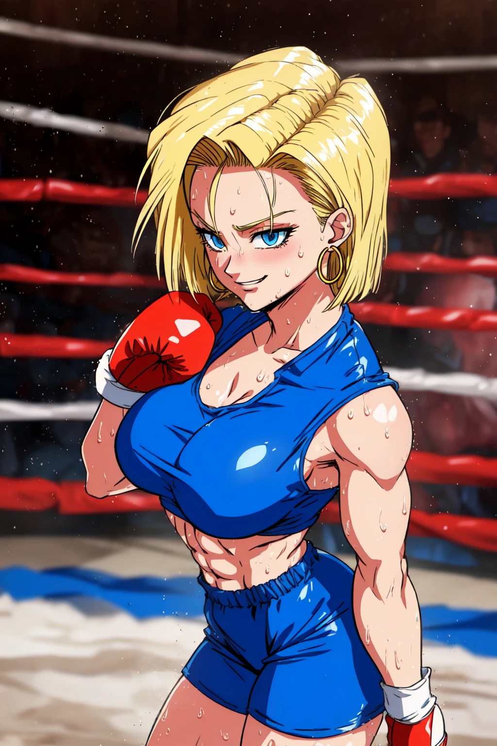 <lora:Android18:0.8>, android 18, short hair, blue eyes, blonde hair, large breasts, bare breasts, abs, boxing gloves, sweat, smug, smirk, cowboy shot, hoop earrings