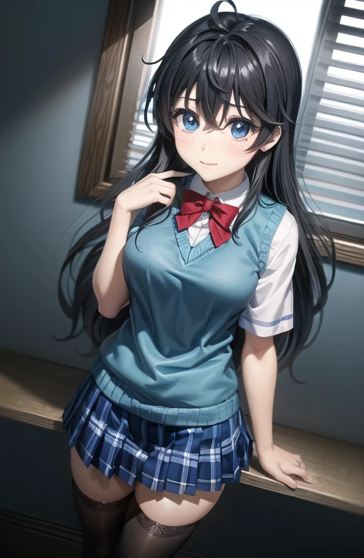 Ako_(School Uniform), 1girl, masterpiece, 8k, 4k, waist up, black hair, detailed face+blue eyes, blue sweater vest, plaid skirt, short sleeve blue sweater, red neck bow, black thighhighs, <lora:Ako_LA_AVATAR_V5.1:0.7>