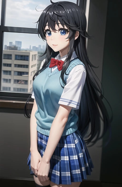 Ako_(School Uniform), 1girl, masterpiece, 8k, 4k, waist up, black hair, detailed face+blue eyes, blue sweater vest, plaid skirt, short sleeve blue sweater, black thighhighs, <lora:Ako_LA_AVATAR_V5.1:0.7>