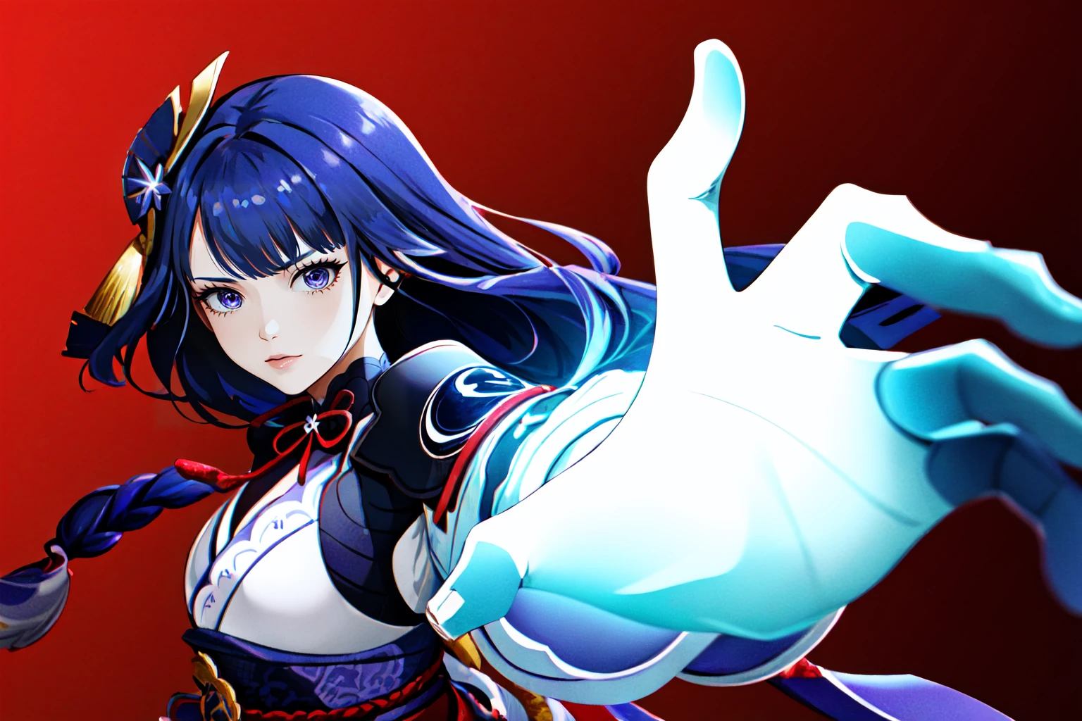 Highly detailed, High Quality, Masterpiece, beautiful, PepePunchMeme, <lora:PepePunchMeme:1>, 1girl, solo, Raiden_Shogun_\(genshin impact\), Raiden_Shogun:1.2, blue hair, long hair, <lora:Char_GenshinImpact_RaidenShogun:0.8>