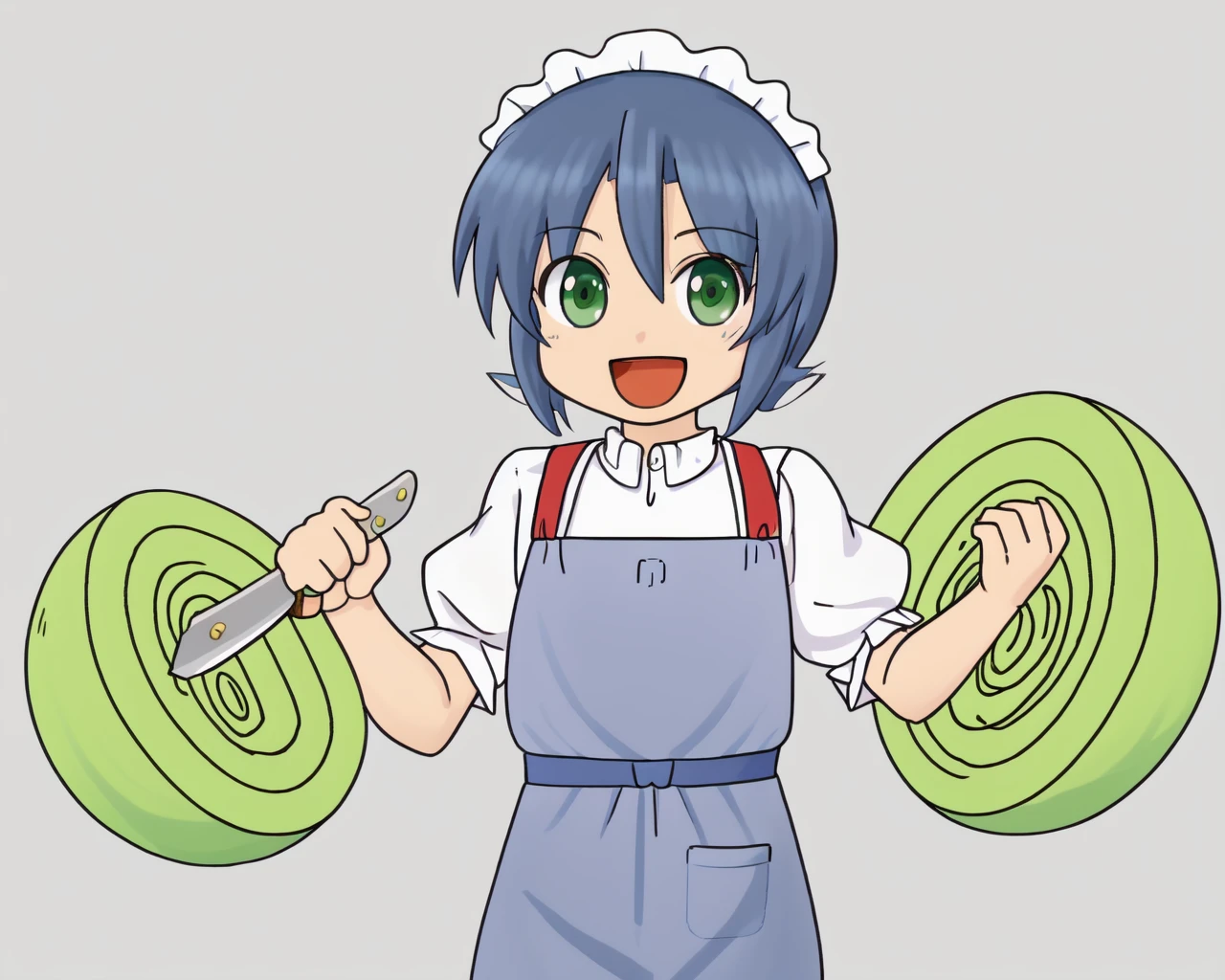 <lora:cabbage2:0.7>, blue hair mature man,
a cartoon character with a knife and a green object in his hand, sword, smile, cowboy shot, (keyorina:1) , open mouth, (cabbage:1.3), (blue apron:1.4) ,