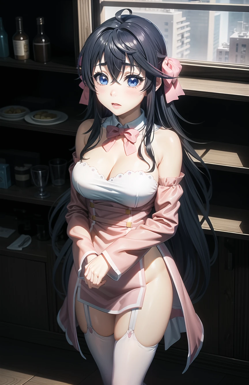 Ako_(LA Avatar), 1girl, masterpiece, dramatic lighting, 8k, 4k, warm lighting, waist up, own hands together, black hair, detailed face+blue eyes, pink dress, pink hair bow, pink neck_bow, bare shoulders, white thighhighs, garter straps, indoors, background: indoor bar, wooden furniture, alcohol shelves, candle lit room, <lora:Ako_LA_AVATAR_V5.1:0.7>