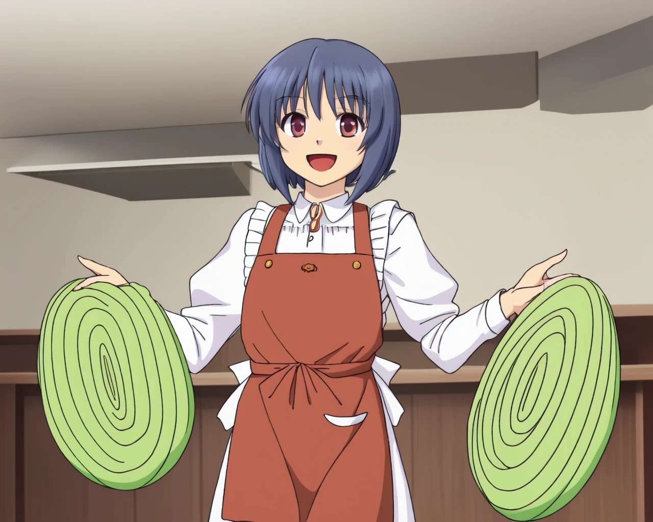 <lora:cabbage2:0.7>, blue hair mature man, indoors,
(cabbage on hand:1.3)
smile, cowboy shot, (keyorina:1) , open mouth,(maroon apron),