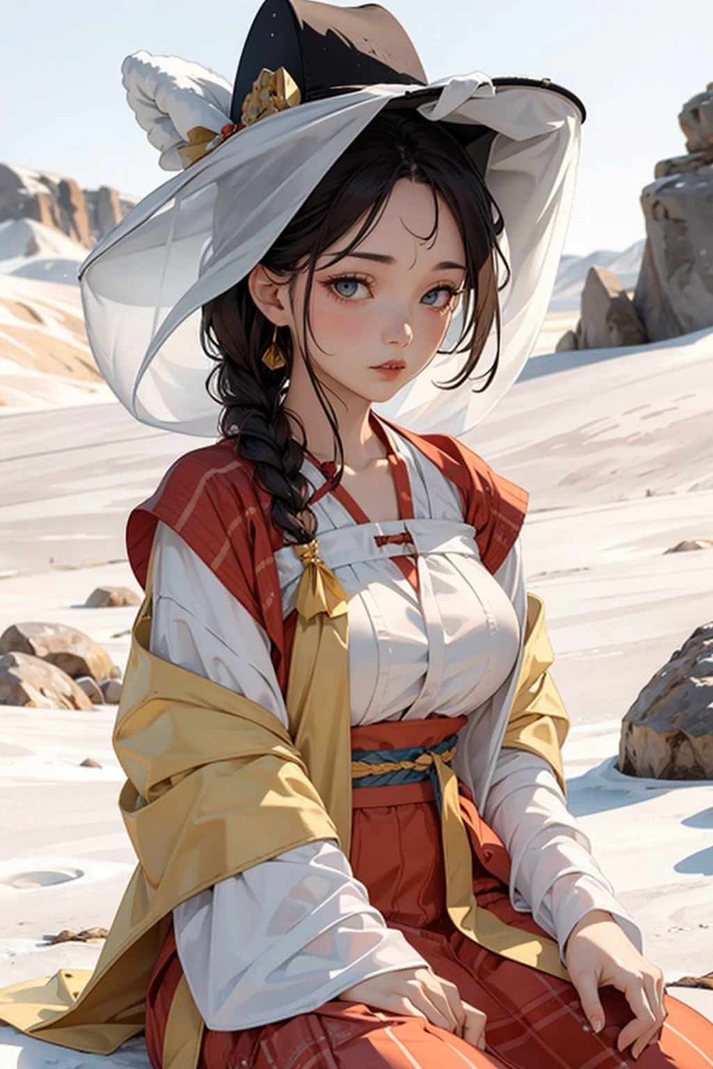 1girl, weimao hat, masterpiece, best quality, 8k <lora:veilhat_v2b:0.88>, snow, desert, big and beautiful breasts, sitting, braid