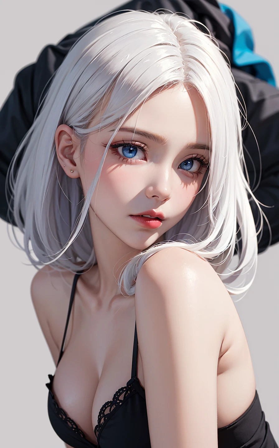 (masterpiece:1.4, best quality), (intricate details), unity 8k wallpaper, ultra detailed, beautiful and aesthetic, perfect lighting, (1girl),(white hair, blue eyes, medium breasts),, dynamic pose, dynamic angle,  lipstick, slim, slim body, , detailed background, realistic, perfect detailed face, detailed eyes, highly detailed, blush, hair ornament, rolling_eyes, cross-eyed,