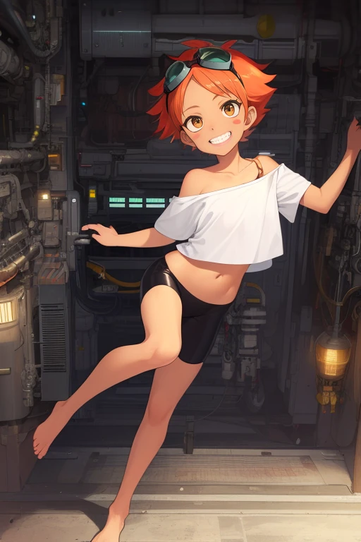 Edward, tan skin, tomboy, midriff, orange hair, (white loose shirt), off shoulder, spiked hair, barefoot, bike shorts, brown eyes, goggles on head, blush stickers, grin, balancing on one leg, full body,
space station, engine room,
(insanely detailed, beautiful detailed face, masterpiece, best quality) volumetric lighting, best quality, masterpiece, intricate details, tonemapping, sharp focus, hyper detailed <lora:Edward-06:0.8>