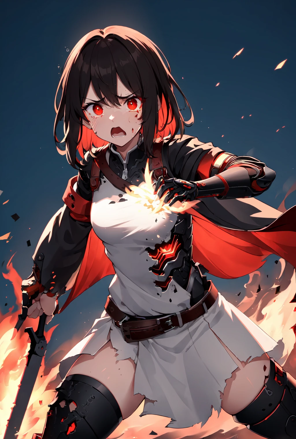 (village background:1.5), burning village background, detailed background, on fire,
burning, fire, mid fighting, dual wielding, sword, holding sword, glowing weapon, light particles, wallpaper, chromatic aberration, colorful,
(mechanical parts, damaged, mechabare, android, ripped skin):0.01,<lora:mechabare-test:0.8>
torn clothes, adult, 1girl, dark hair, breasts, empty red eyes, (frustrated|crying|angry),
2D, anime, detailed face, ((masterpiece)), heavily detailed,