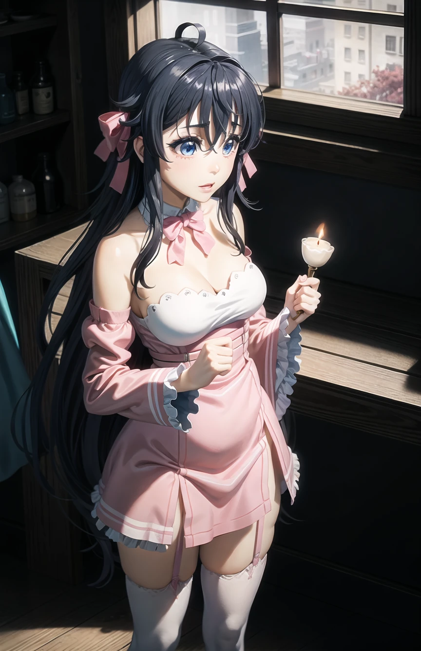 Ako_(LA Avatar), 1girl, masterpiece, dramatic lighting, 8k, 4k, warm lighting, waist up, own hands together, black hair, detailed face+blue eyes, pink dress, pink hair bow, pink neck_bow, bare shoulders, white thighhighs, garter straps, indoors, background: indoor bar, wooden furniture, alcohol shelves, candle lit room, <lora:Ako_LA_AVATAR_V5.1:0.7>