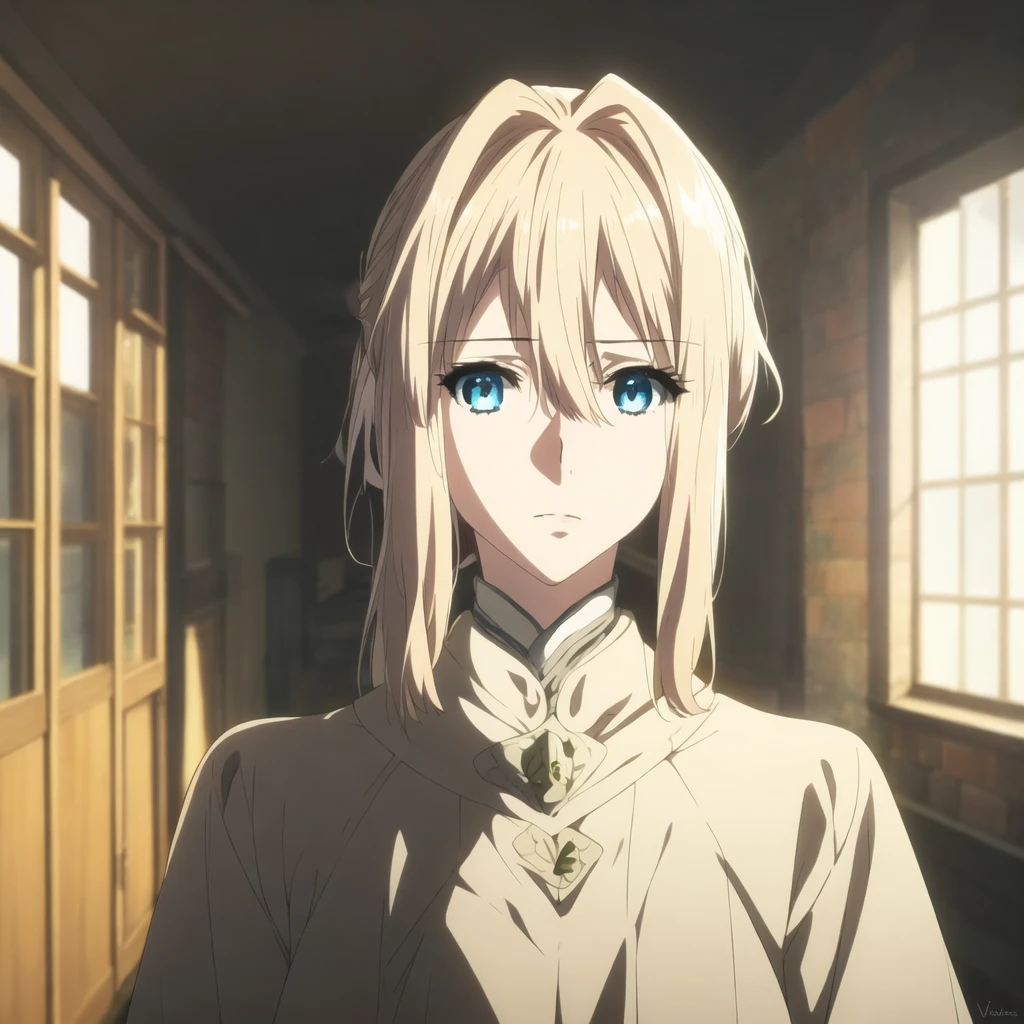 masterpiece, best quality, <lyco:KyoAni:1>, indoors, violet evergarden, (face:1.2), windows, sunrise, curtain, 1girl, blonde hair, blue eyes, (detailed eyes:1.1), ponytail, medieval building, hall