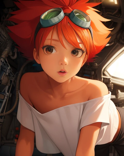 Edward, tan skin, tomboy, midriff, orange hair, (white loose shirt), off shoulder, spiked hair, barefoot, bike shorts, brown eyes, goggles on head, upper body,
space station, engine room,
(insanely detailed, beautiful detailed face, masterpiece, best quality) volumetric lighting, best quality, masterpiece, intricate details, tonemapping, sharp focus, hyper detailed <lora:Edward-06:0.8>