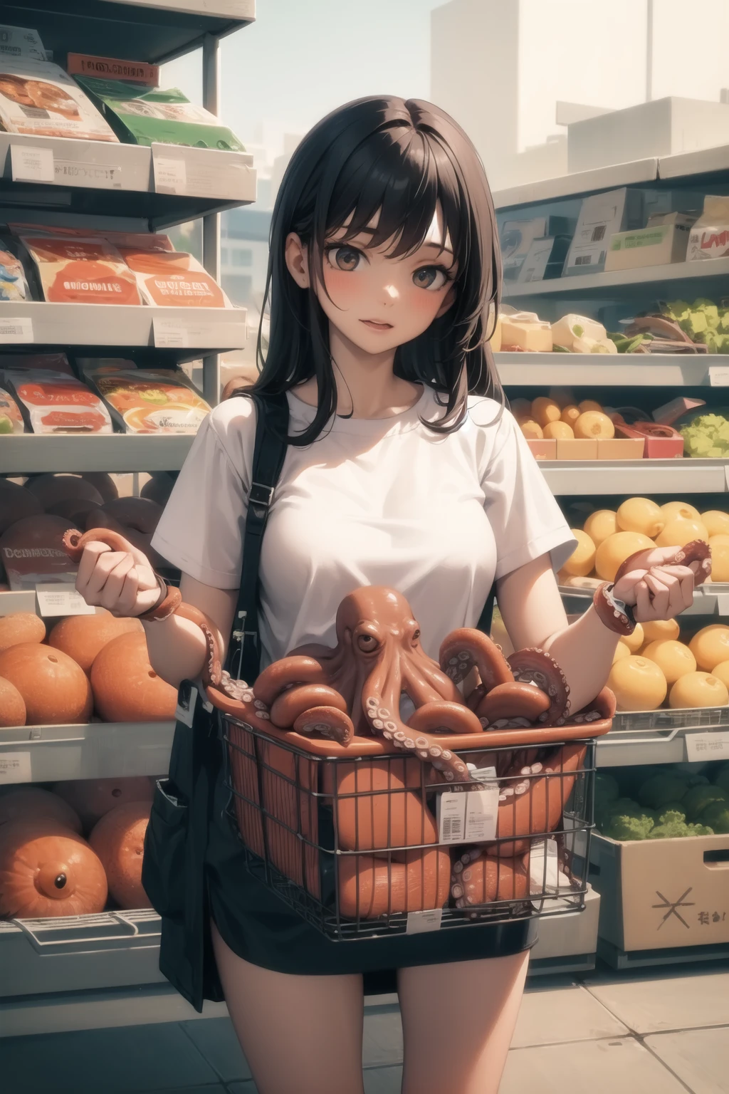 <lora:octopus_v0.5:1>
1girl, octopus, animal, supermarket, cart, groceries, cowboy shot,, masterpiece, best quality, highly detailed