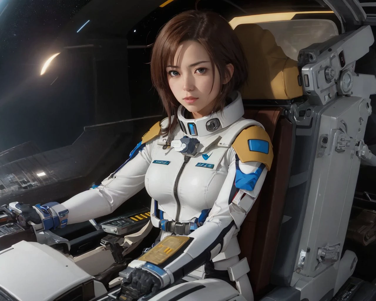 best quality,masterpiece,highly detailed,ultra-detailed,1gir ,gundam seed pilot , kira yamato, 
cyborg ,latex bodysuit, full-length zipper,    ( in Mscockpit,cockpit  :1.3)    <lora:mscockpit-000005:0.5> in space