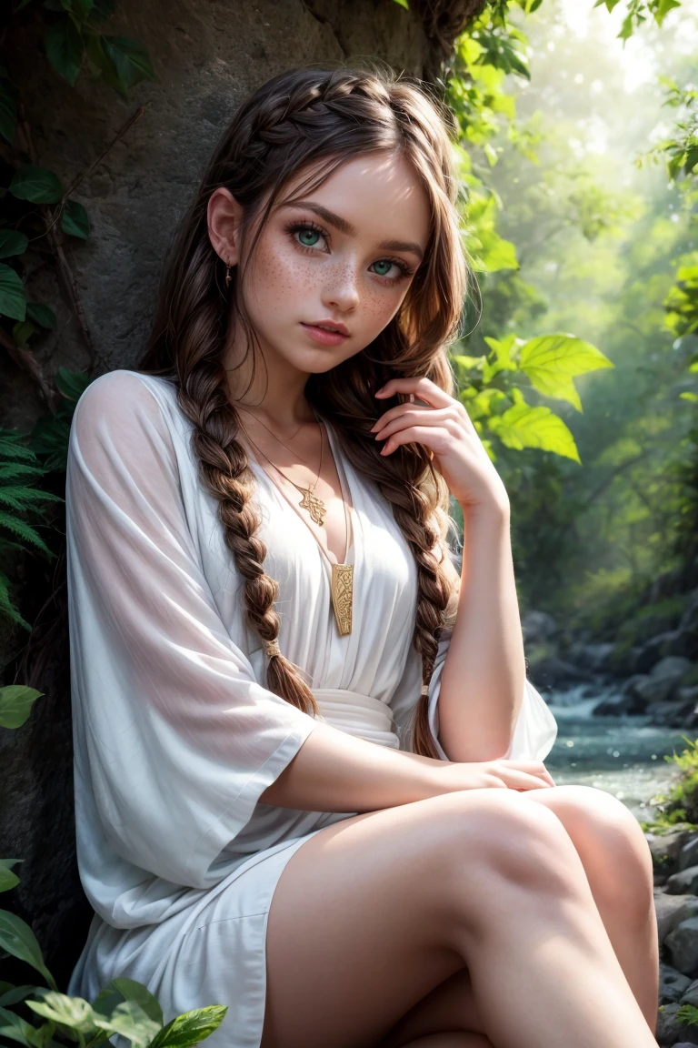 (best quality, masterpiece:1.3), 1 girl, adult (elven:0.7) woman, freckles, coral eyes, medium brown braided hairstyle,, Sitting with legs outstretched, portrait, looking at viewer, solo, half shot, detailed background, close up, shining (ancient mesopotamian theme:1.1), divine deity of nature, forest, (style-sylvamagic:1.0), leaf necklace, green background, abundant greenery, wildlife, peaceful nature, lush plantlife, small creek, dark green robe, majestic divine atmosphere, bright light, holy aura, bloom, divine light, white clothes, dynamic pose, , <lyco:CulturePunkBundle-000007:0.5>, fairytaleai, fairytale, <lora:add_detail:1>,