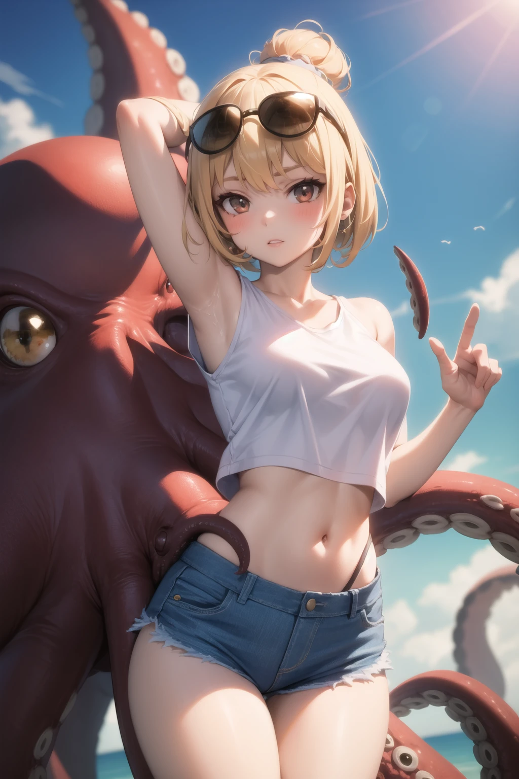 <lora:octopus_v0.5:1>
1girl, octopus, animal, on head, sunglasses, crop top, denim shorts,, masterpiece, best quality, highly detailed