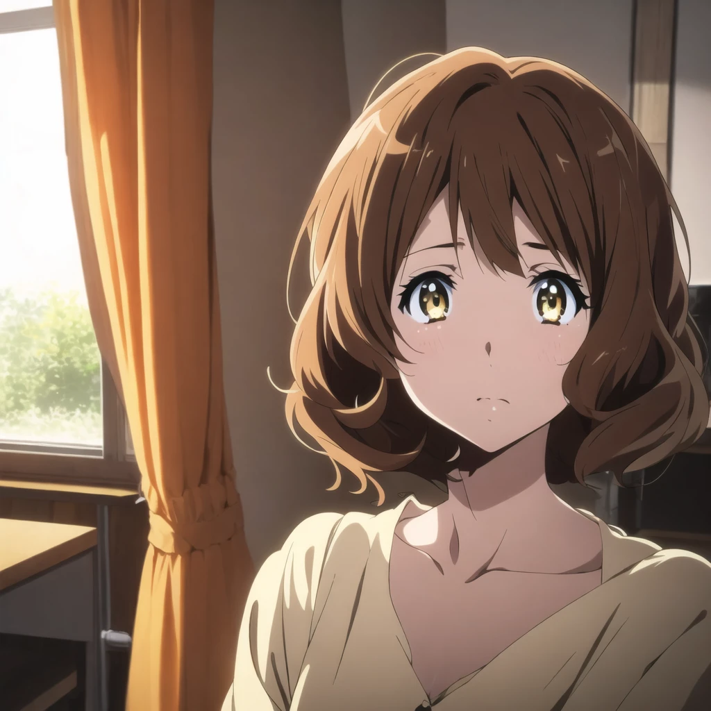 masterpiece, best quality, <lyco:KyoAni:1>, classroom, indoors, hibike! euphonium, face, windows, sunrise, curtain, 1girl, brown hair, brown eyes, (detailed eyes:1.1),