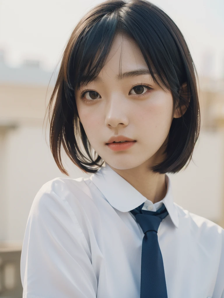 Best quality, masterpiece, ultra high res, (photorealistic:1.4), raw photo, 1girl, short bob, school girl, jk uniform, jk suit, shirt, necktie, active, (portrait:1.2), in kamakura, realistic photo, Fuji negative film, low saturation, low contrast, fuji ftx5 <lora:FilmVelvia2:0.4> <lora:jk:0.4>