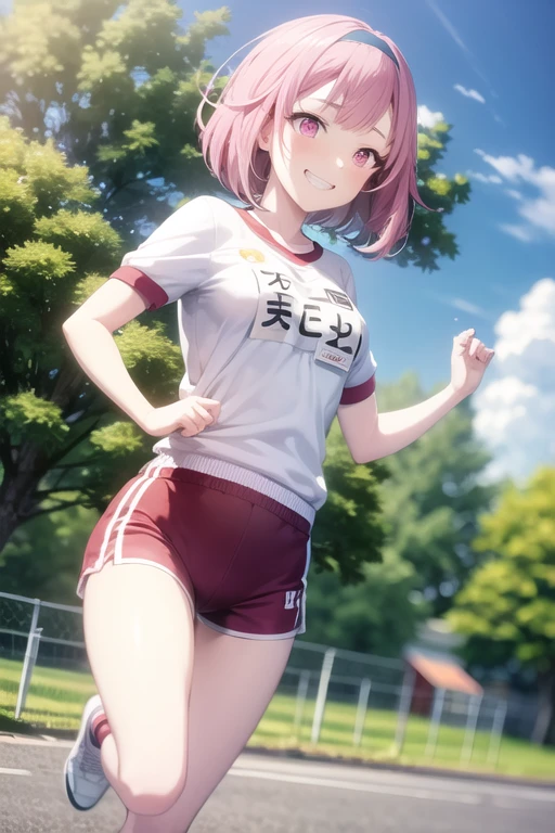 <lora:OtoriEmu-02:0.7> ,wdhemu, 1girl, solo, blush, smile, short hair, shirt, collarbone, white shirt, pink hair, short sleeves, hairband, outdoors, sky, shoes, shorts, teeth, day, pink eyes, star (symbol), grin, sash, white footwear, gym uniform, blue shorts, running, gym shirt, yellow hairband, gym shorts