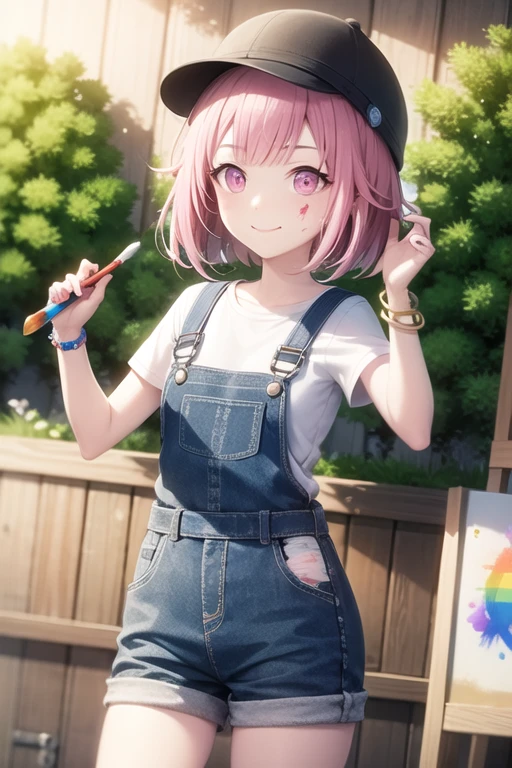 <lora:OtoriEmu-02:0.7> ,wdhemu, 1girl, solo, looking at viewer, smile, short hair, shirt, hat, holding, jewelry, closed mouth, standing, white shirt, pink hair, short sleeves, outdoors, striped, cloud, pink eyes, star (symbol), bracelet, cat, bucket, overalls, paintbrush, rainbow, colorful, paint splatter, paint, holding paintbrush, canvas (object), paint splatter on face