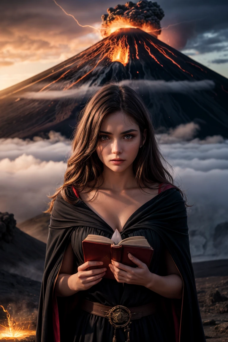 dystopianx style,photo of a 20 y.o girl, looking at viewer, solo, upper body, detailed background, detailed face, (renaissance theme:1.1) evil summoner, tattered dark purple magical robes, determined expression, crimson color scheme, dark crimson light, summoning circle, evil book, dark atmosphere, shadows, realistic lighting, floating particles, sparks, surrounded by blue lightning <lora:LightingVFX:0.1>, (thick melting candles:0.8), yellow arcane symbols, corrupted by eldritch power, power-hungry eyes, bloom,, sunset, sunlight, light rays, outside, mountains on the background, waterfall, (fog:1.3), (volcano:1.3), high detailed skin,skin pores,overcast weather,8k uhd,dslr,soft lighting,high quality,film grain,Fujifilm XT3, <lora:add_detail:1>