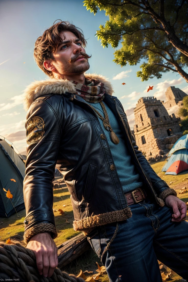 (best quality, masterpiece:1.3), (1man, muscular adult german male:1.2), light blue eyes, auburn hair, fade with mustache,, Leaning back, arms folded, solo, (full body:0.6), looking up, detailed background, detailed face, (<lora:totempunkai_v20:0.5>, totempunkai, inca theme:1.1), trapper, tracker, smirk, brown fur lined leather clothing, coat, rugged, scarf, walking, rope, net, hides, campsite background, fallen leaves, underbrush, fantasy frontier cinematic atmosphere,, <lyco:HorrorBundlev4:0.4>, BoneyardAI, bone, <lora:add_detail:1>,