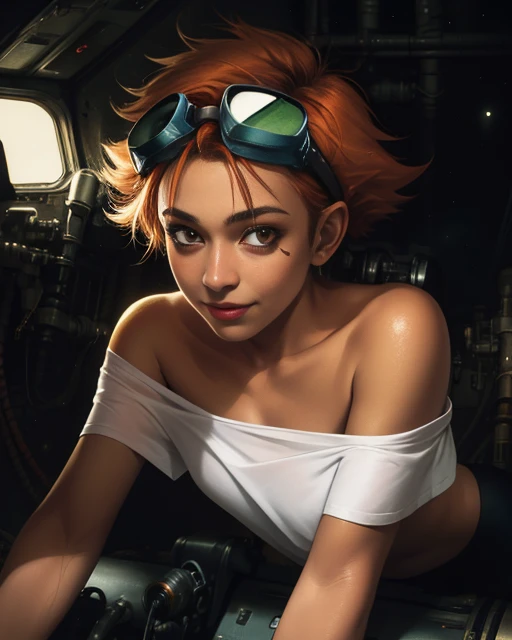Edward, tan skin, tomboy, midriff, orange hair, (white loose shirt), off shoulder, spiked hair, barefoot, bike shorts, brown eyes, goggles on head, upper body, smile,
space station, engine room,
(insanely detailed, beautiful detailed face, masterpiece, best quality) volumetric lighting, best quality, masterpiece, intricate details, tonemapping, sharp focus, hyper detailed <lora:Edward-06:0.8>