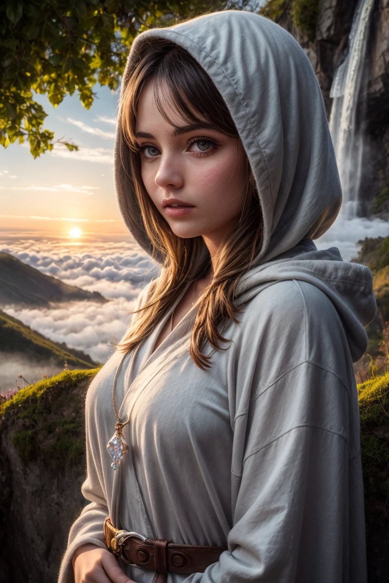 dystopianx style,photo of a 20 y.o girl, character focus portrait, solo, upper body, looking at viewer, detailed background, detailed face, (<lora:BiophyllTech:0.6>, BiophyllTech theme:1.1), serene expression, druid, wearing natural colored green robes, hood, druid staff, calm posture, healing spell, runes, glowing orbs, swirling leaves in the air, moss, roots, lavenders, sprouting plants, bushes, dusk, waterfall in background, ethereal mysterious atmosphere, , sunset, sunlight, light rays, outside, mountains on the background, waterfall, (fog:1.3), (diamonds:1.3), high detailed skin,skin pores,overcast weather,8k uhd,dslr,soft lighting,high quality,film grain,Fujifilm XT3, <lora:add_detail:1>