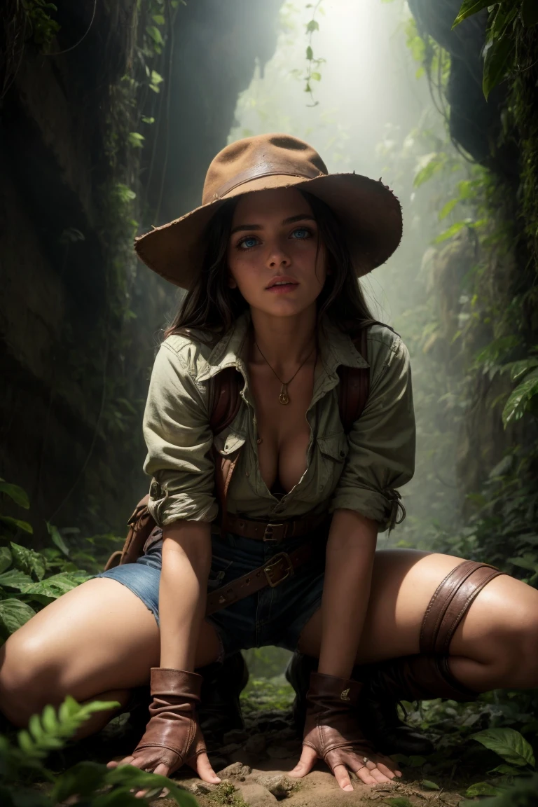 (best quality, masterpiece:1.3), 1 girl, adult (elven:0.7) woman, blue eyes, medium brown prom hairstyle,, Lying with one leg bent at the knee, solo, half shot, detailed background, detailed face, (indiana jones theme:1.1), explorer, spelunking, dynamic pose, rugged frayed leather clothes, indiana jones hat, belt, gloves, (leather pouches:0.4), compass, (abandoned:0.7) dark dungeon background, vines, moss, dust, remains of ancient civilization, dark cinematic atmosphere, occult, shadows, , tropical jungle, <lora:add_detail:1>,