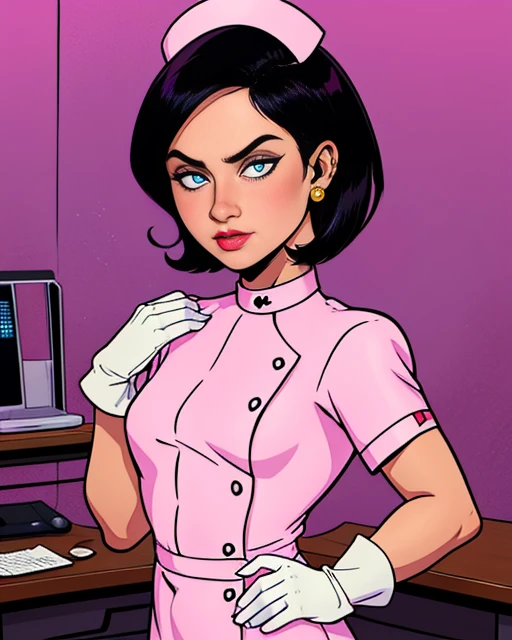 Girlfriend, black short hair, earrings, standing, hands on hip, upper  body, bored expression,
GirNur,  short white gloves , very small nurse cap,  nurse, white boots, 
evil lair, desk job,
(insanely detailed, beautiful detailed face, masterpiece, best quality)   <lora:Girlfriend:0.8>